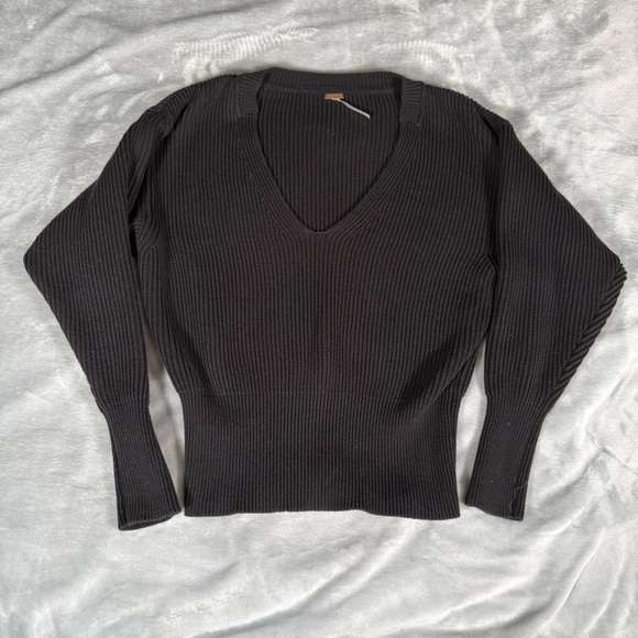 Free People Sweaters - Free People Ribbed Knit Sweater Womens Small Deep V Neck Oversized Black